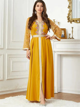 Muslim Fashion Autumn Winter Velvet Tape Trim Printing Long Sleeve V-Neck Belted Dress Jalabiyat Moroccan Abaya Yellow Dress